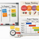 Kollage mit Projektmanagement Methoden, darunter Kanban Board, Design Thinking Phasen, Gantt Diagramm mit Zeitbalken für die Projektumsetzung.