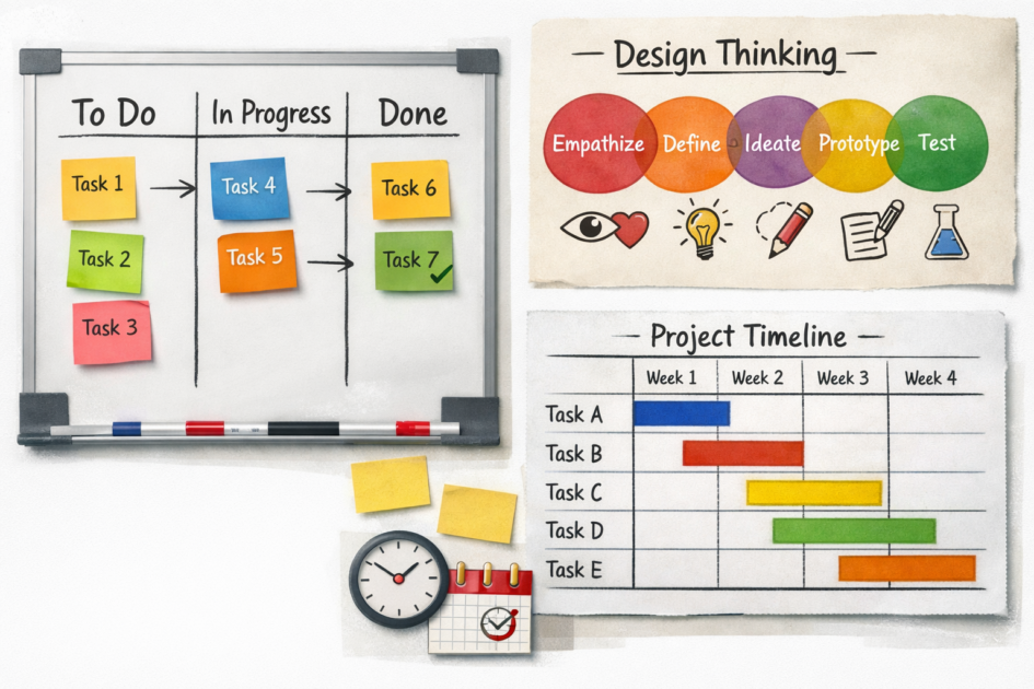 Kollage mit Projektmanagement Methoden, darunter Kanban Board, Design Thinking Phasen, Gantt Diagramm mit Zeitbalken für die Projektumsetzung.